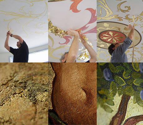 上段：高度な技術を要する、金箔を使ったフレスコ画の施工　下段：フレスコ画の鮮やかな色彩、優しい肌合